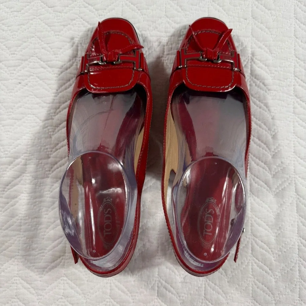 Tods Red‎ Patent Leather Slingback Loafer Flats Women 7.5 (EU 38) Italy Designer